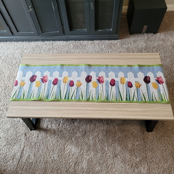 Spring Tapestry Table Runner Picket Fence Colorful Tulips Flower Easter Blue Sky - Picture 1 of 8